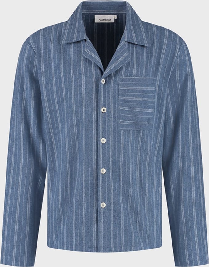 Yumeko pyjamashirt heren flanel denim blauw/wit stripe s