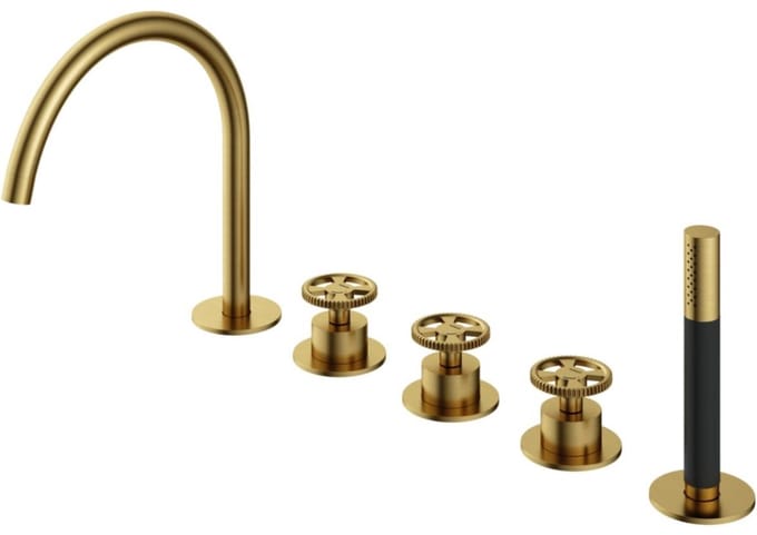 Hotbath Cobber @ Work 5 Gats Badrandcombinatie - 2 Knops Mengkraan met Draaibare Uitloop - Omstel en Handdouche - Geborsteld Messing PVD