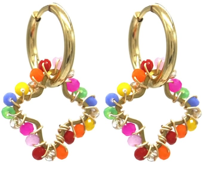 Oorbellen - Klaver met Glaskralen - RVS - 2,6 cm - Goudkleurig en Multicolor