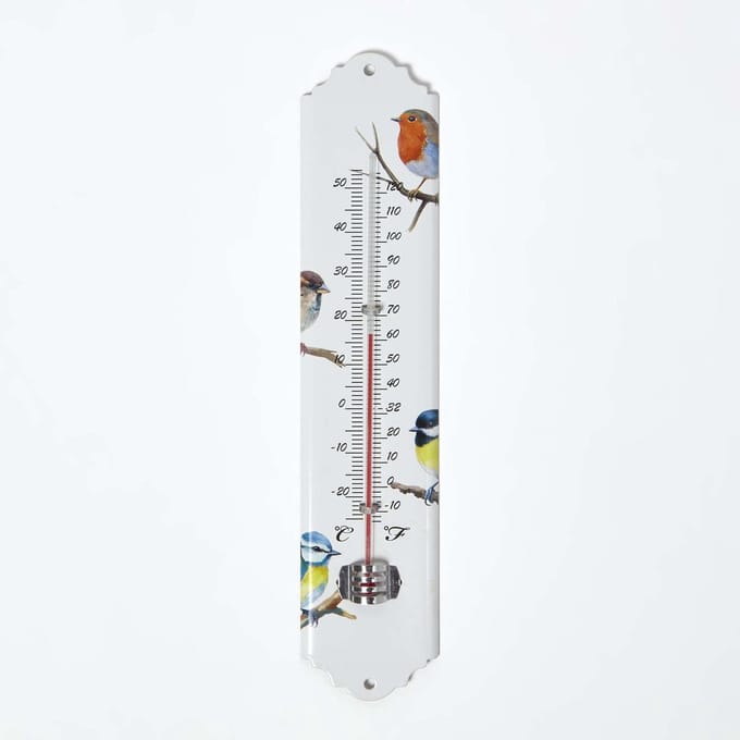Homescapes binnen- en buitenthermometer wit met vogelmotief