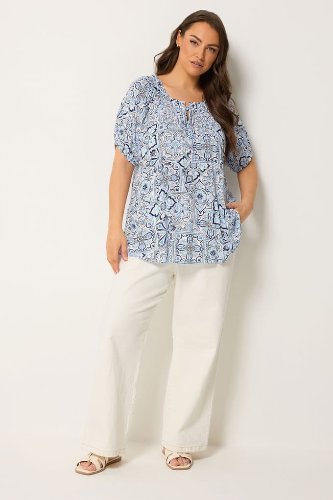 Yours Blauwe Bardot Top Met Tegeltjesmotief Size 50-52