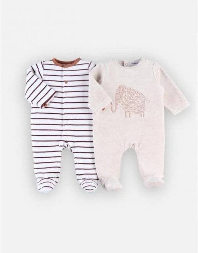 Noukie's - 2 Pack - Pyjama's - Unie - Velour - Beige olifant  / streep bruin - 0 maand 50