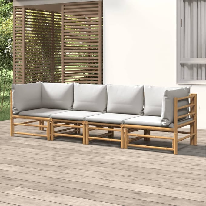 vidaXL - 4-delige - Loungeset - met - kussens - bamboe - lichtgrijs
