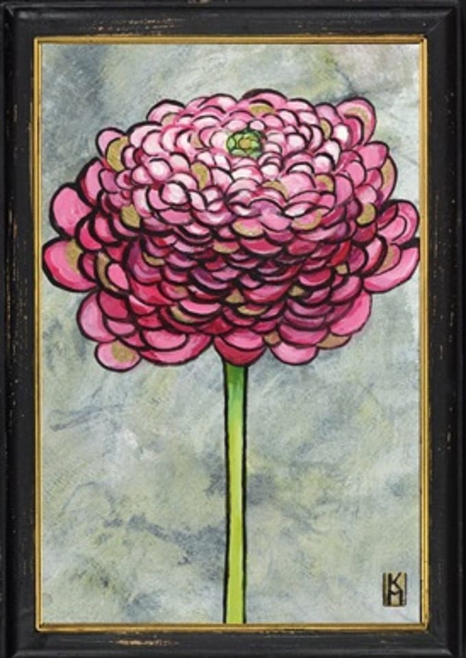 Lijstje hout zwart Roze ranonkel, 34x23,5cm