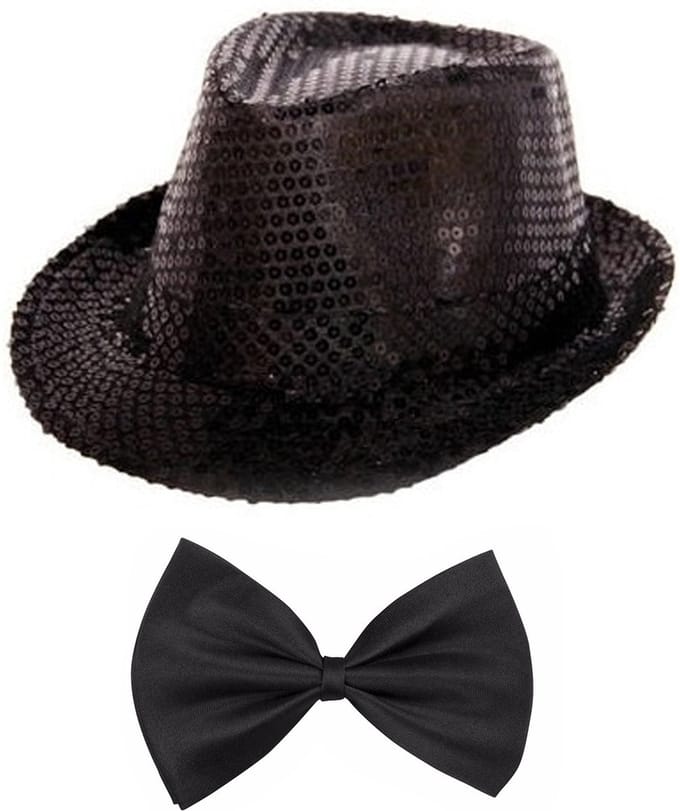 Folat - Verkleedkleding set - Glitter hoed/strikje zwart volwassenen