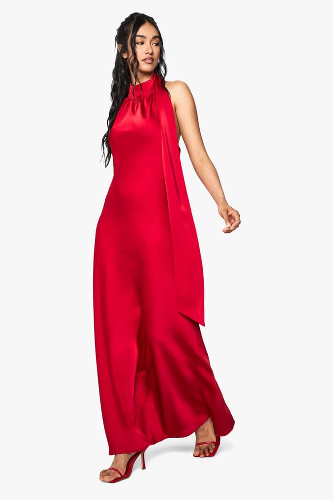 boohoo Dames Satijn Drape Maxi Jurk | Red | Maat: 14