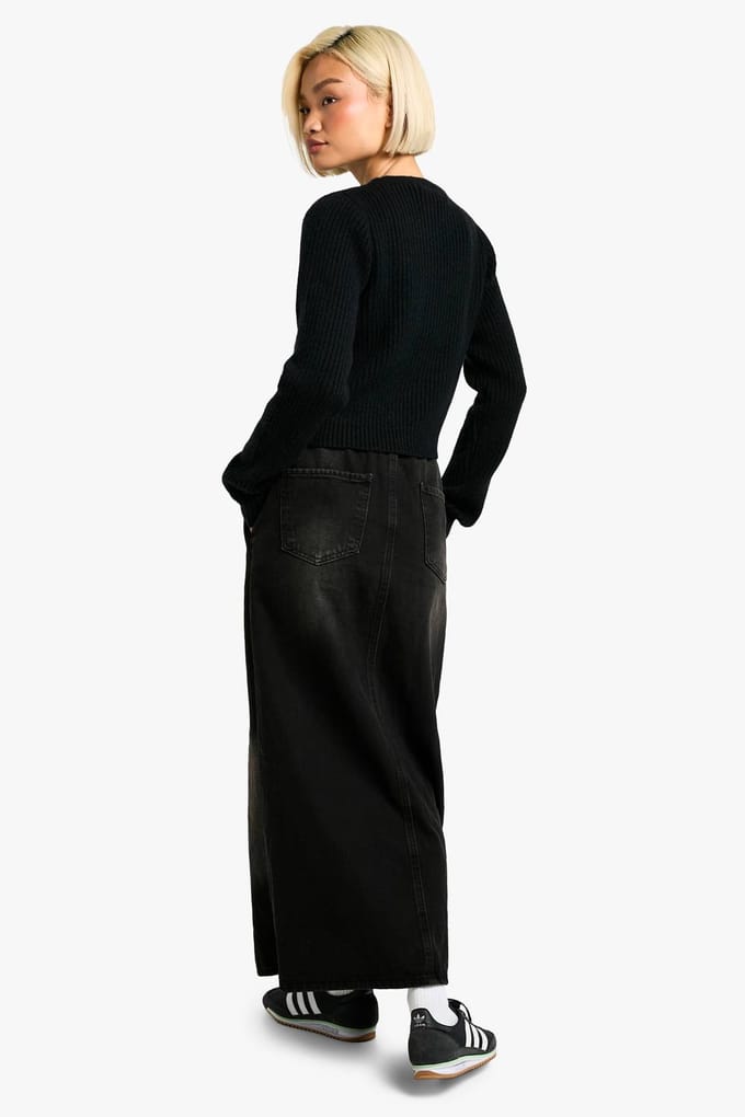 boohoo Dames Gewassen Zwarte Maxi-Rok met Elastische Tailleband | Washed Black | Maat: 38