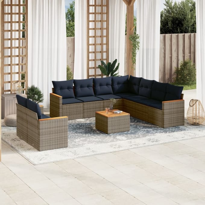 vidaXL - 10-delige - tuinbankset - met - kussens, - grijs - polyrotan