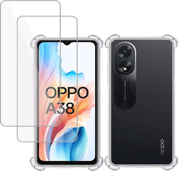 Hoesje geschikt voor Oppo A38 4G + 2x Screenprotector – Tempered Glass - Extreme Shock Case Transparant