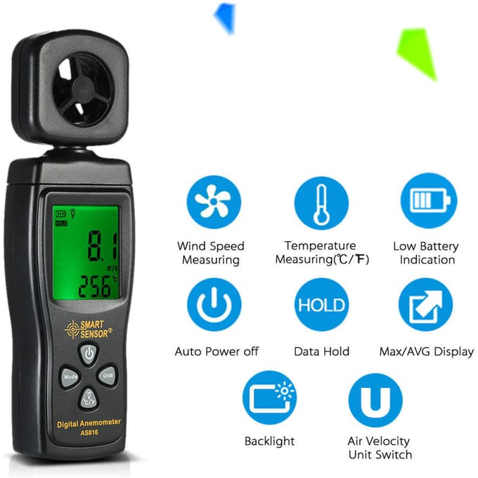 SMART SENSOR Mini-anemometer LCD Digitale windsnelheidsmeter Luchtsnelheid Temperatuurmeting zwart