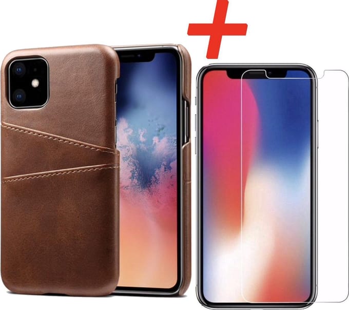 Backcover geschikt voor Apple iPhone 11 - Donkerbruin - PU Leer - Pasjeshouder + Glas Protector