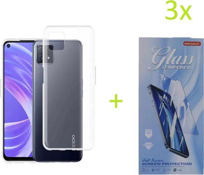 Hoesje Geschikt voor: Oppo A73 Transparant TPU Silicone Soft Case + 3X Tempered Glass Screenprotector