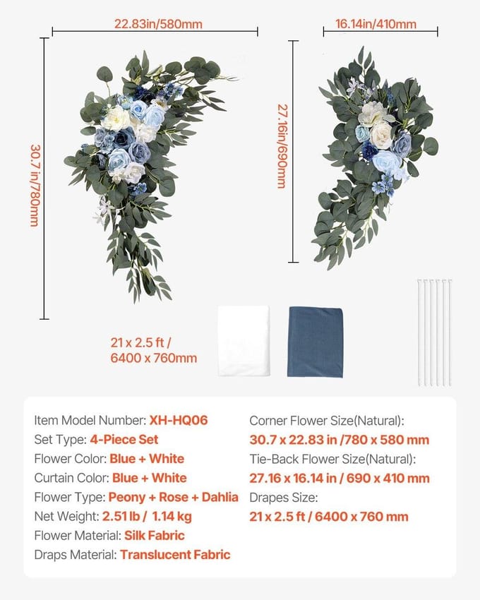 Kit de Fleurs Artificielles pour Arche de Mariage Bleu Avec 2 Pièces de Fleurs 2 Pièces de Voilages