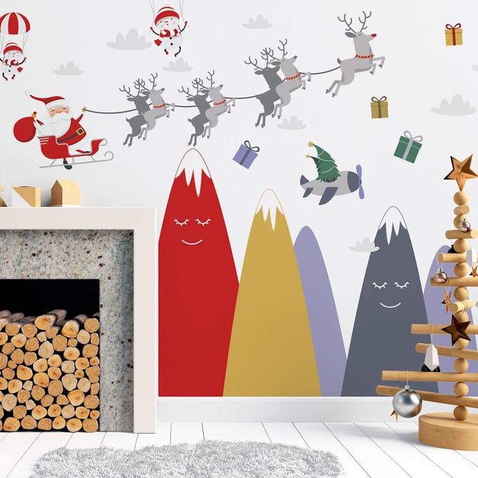 Kerstman-stickers in de Scandinavische bergen, 40 x 60 cm