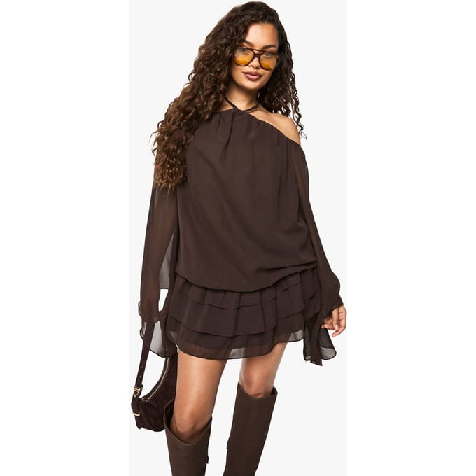 boohoo Dames Halternek Chiffon Kimono Mouw Mini Jurk | Chocoladebruin | Maat: 36