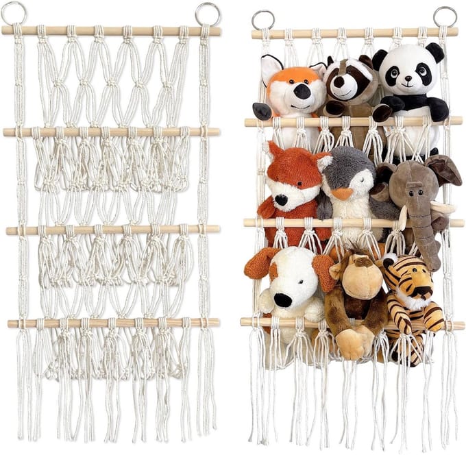 Grote 3-laags Boho Macramé Knuffeldier Opberghangmat voor Kinderkamer en Woonkamer (Beige)
