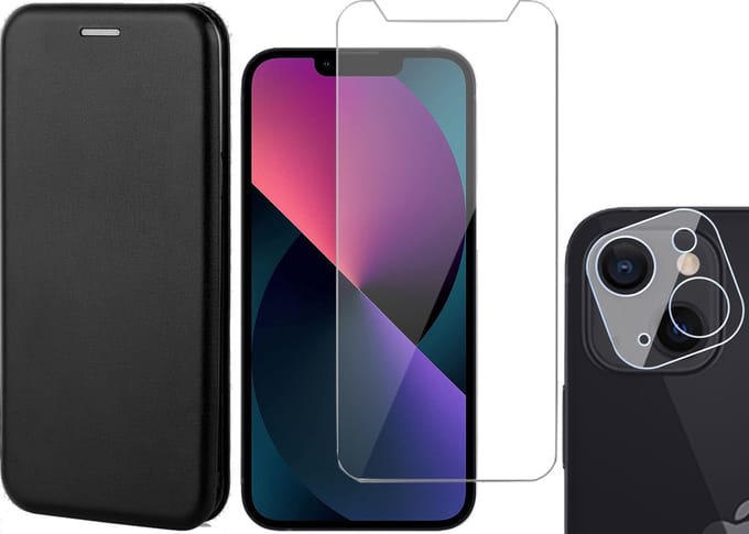Hoesje geschikt voor iPhone 13 Mini - Portemonnee Book Case - Zwart - Met Screenprotector en Camera Screen Protector