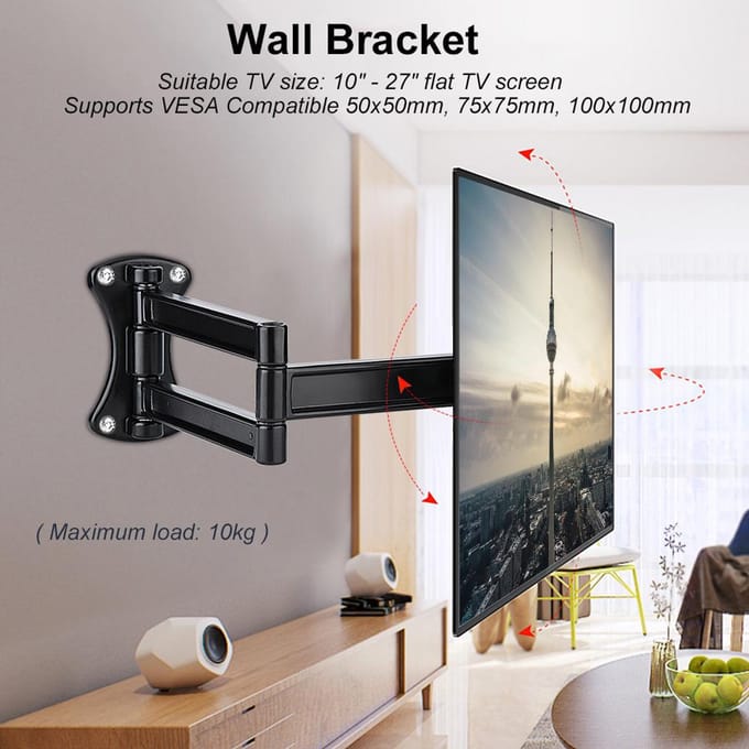 Support mural inclinable et pivotant pour écran plat LED LCD de 10 à 27 pouces black