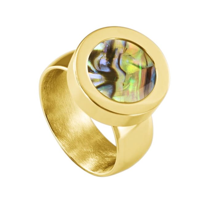 Quiges RVS Schroefsysteem Ring Goudkleurig Glans 19mm met Verwisselbare Multi Groen Schelp 12mm Mini Munt