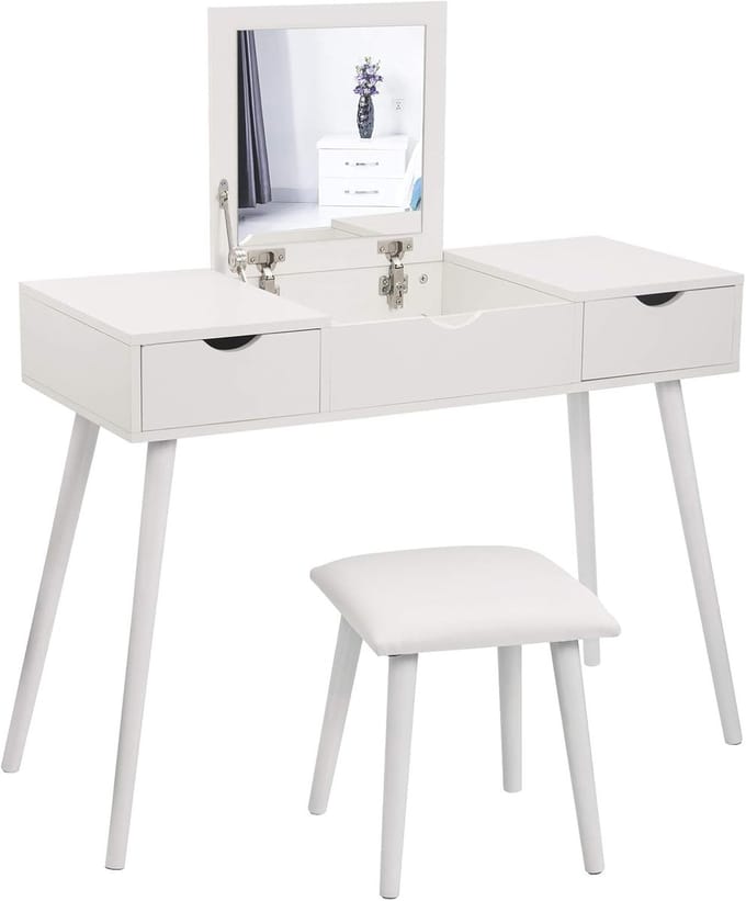Stijlvolle Make-uptafel met Spiegel en Kruk - Moderne Bureau met Soft-Close en 2 Laden
