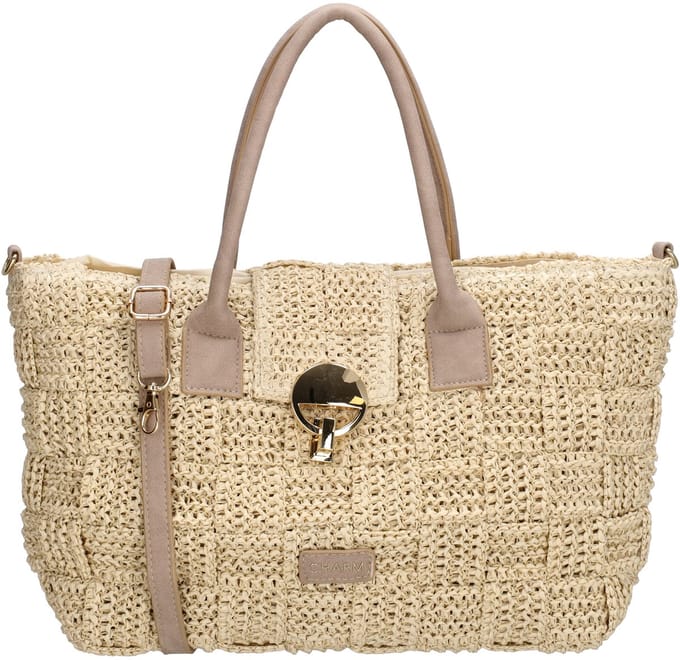 Charm London Margate Handtas - Raffia - Schouderband - Shopper - Ritssluiting - Licht natuur