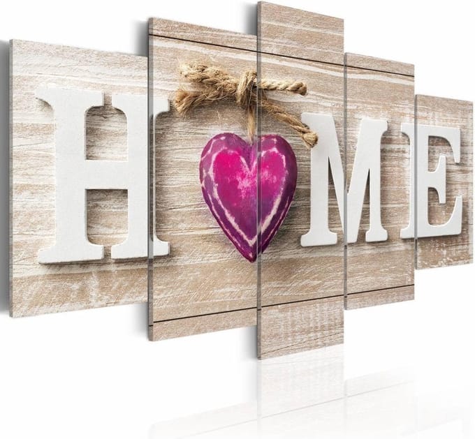 Schilderij - Roze Hart - Home , beige roze , beton look , 5 luik