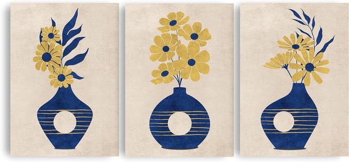 Kunstdruk Set - Bloemen Vaas - Woonkamer Decoratie - Getextureerd Papier - A4 Set 3 - Blauw