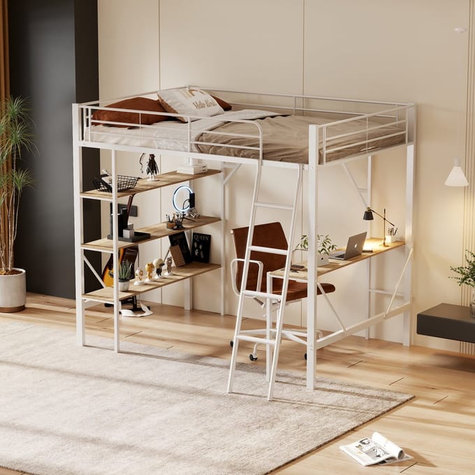 MODFU Bedframe 90x200 cm – Hoogslaper met bureau en drie planken – Ruimtebesparend voor studenten – Metaal en MDF – Wit
