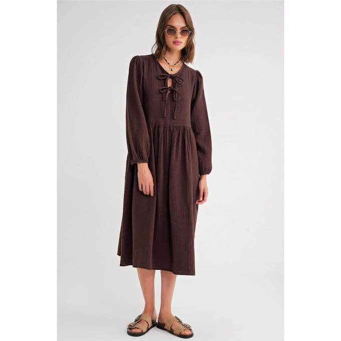 V-hals Midi-jurk met striksluiting