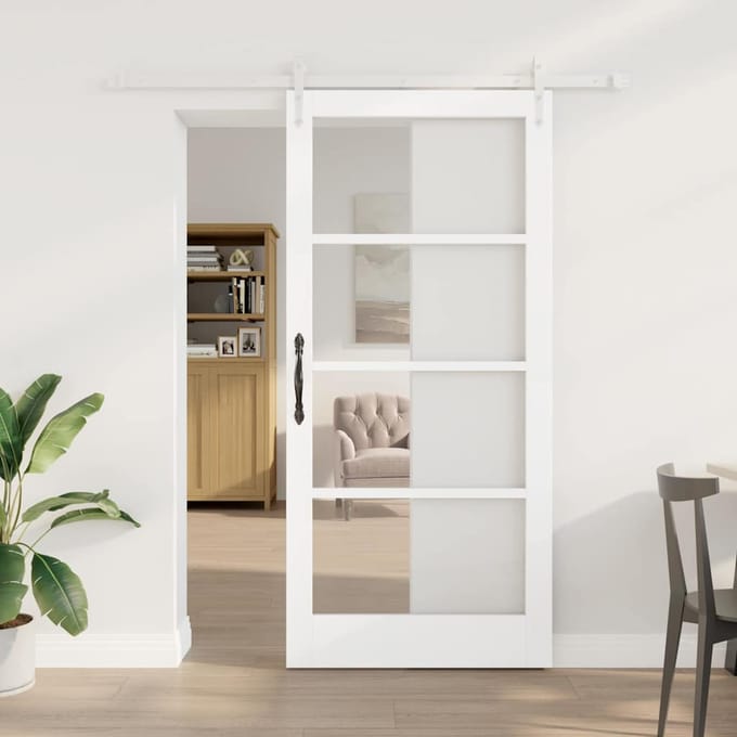 vidaXL - Schuifdeur - 93 - x - 202 - cm - Massief - grenenhout - en - glas - Wit