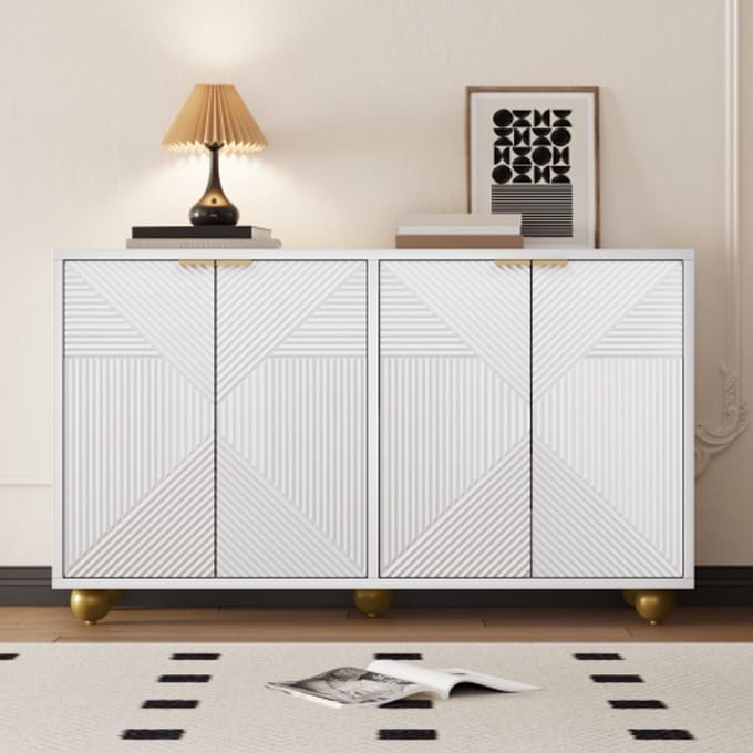 Lemlit Buffetkast 120 x 35 x 71,5 cm - Dressoir met 4 Reliëfdeuren en Verstelbare Planken - Gouden Handgrepen - Wit​