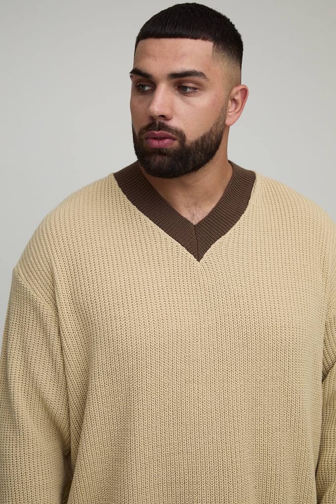 Plus Oversized Gebreide Contrasterende V-hals Trui | Ecru | Size 2XL