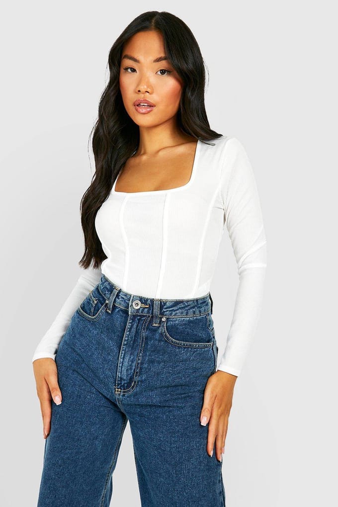 boohoo Dames Petite Rib Corset Bodysuit | Wit | Maat: 36