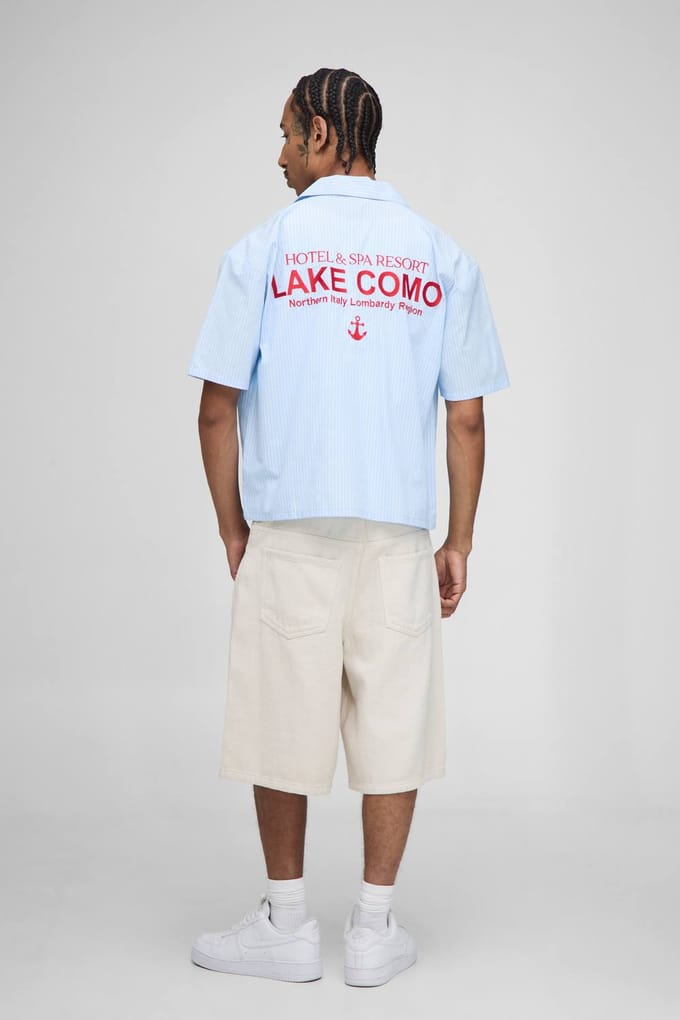 Oversized Boxy Revere Lake Como Geborduurde Streep-shirt | Blue | Size Medium