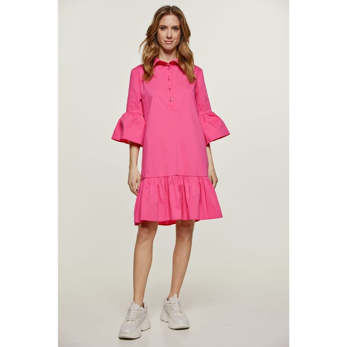 Fuchsia klokmouwtjes jurk met ruche zoom