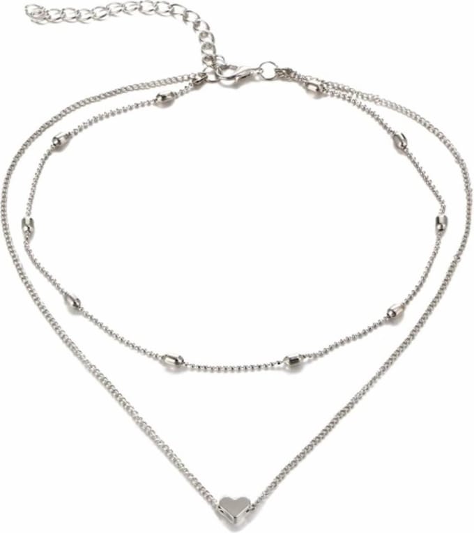 Fako Bijoux® - Ketting - Dubbele Choker Layer - Hartje - Zilverkleurig