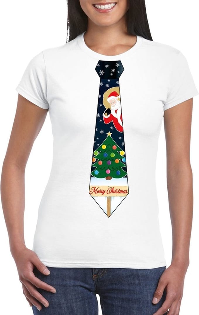 Fout kersttrui t-shirt - wit - met kerstboom stropdas print - voor dames M