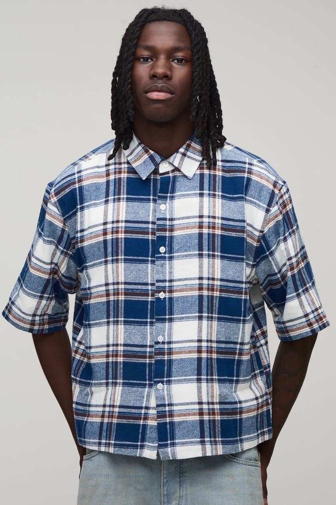 Oversized Boxy Overhemd Met Korte Mouwen En Gewassen Varsity Ruitpatroon | Navy | Size Medium