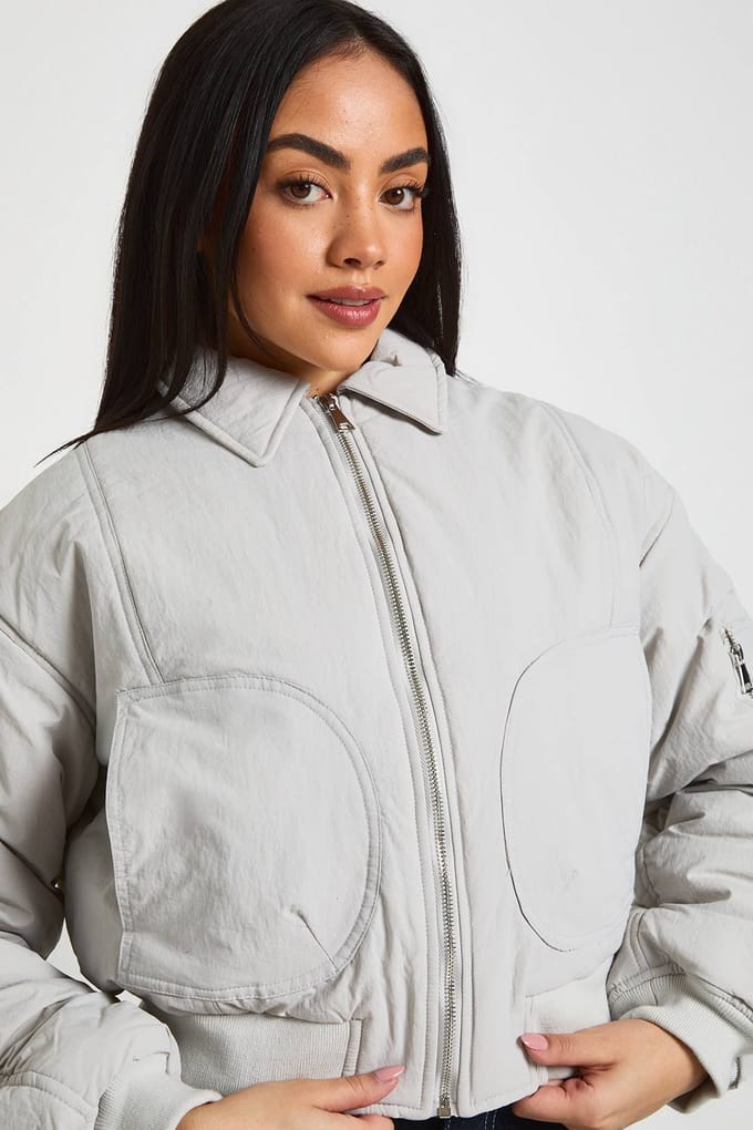 boohoo Dames Bomberjack met geplooide mouwen | Ice Grey | Maat: 10