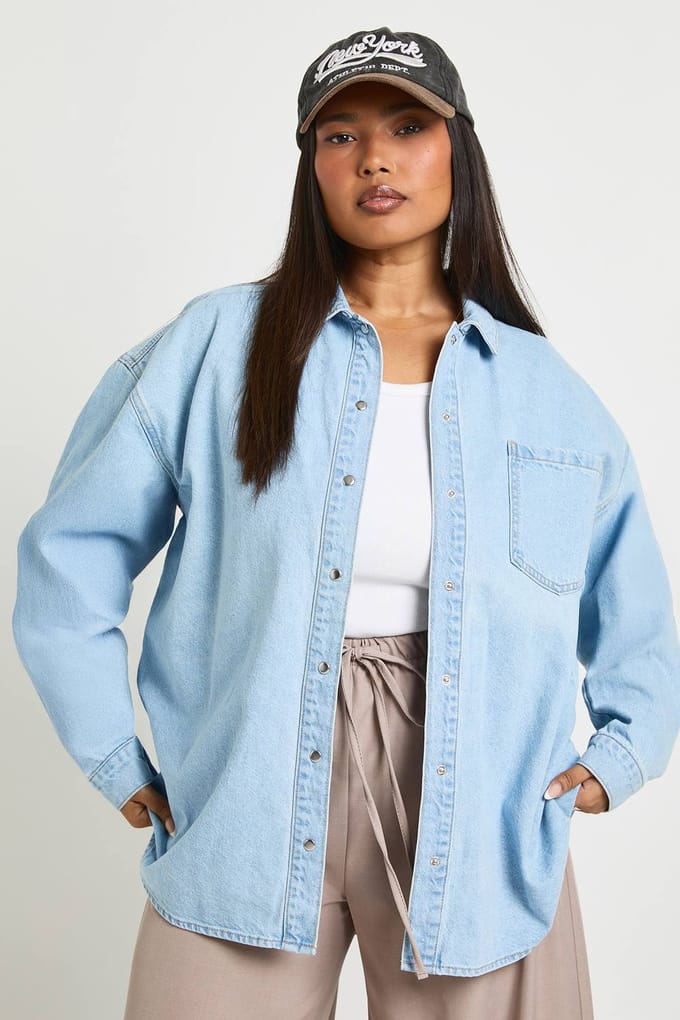 boohoo Dames Plus Oversized Denim Overhemd | Gebleekt | Maat: 44