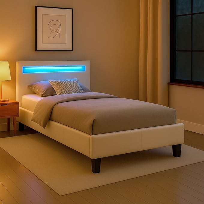 Gestoffeerd bed MANDALAY 90x200 cm incl. led-verlichting, kunstleer - wit