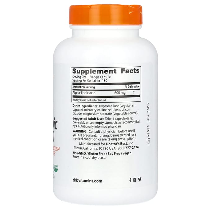 Doctor's Best, Alfa-liponzuur 600, 600mg, 180 Vegetarische Capsules