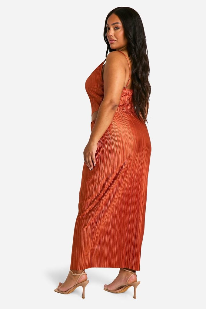 boohoo Dames Plus Plisse Cami Top & Midaxi Rok Co Ord | Roest | Maat: 54