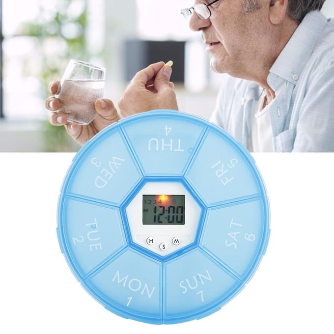 7 Vakken Mini Draagbare Medicijn Tablet Pillen Snoep Opbergdoos Organizer Etui met HerinneringBlauw white