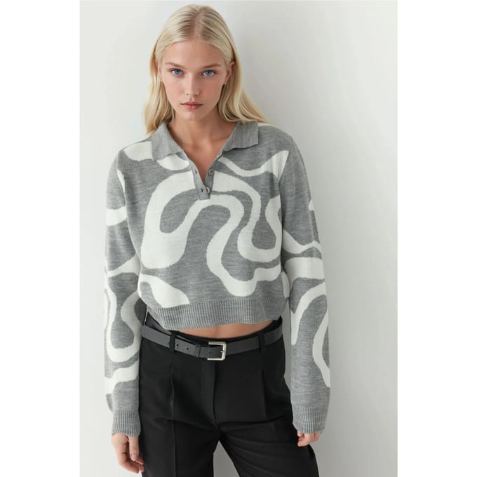 Polo Kraag Jacquard Gebreid Trui