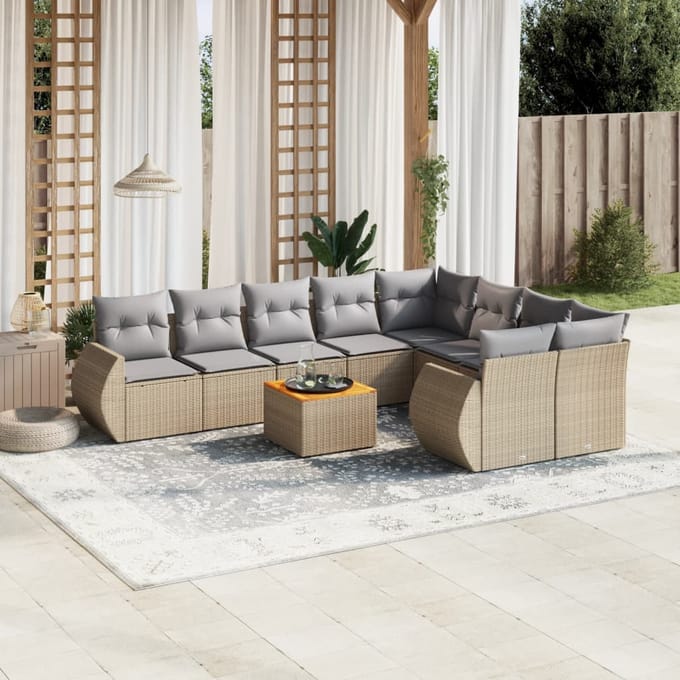 vidaXL - 10-delige - Loungeset - met - kussens - poly - rattan - beige