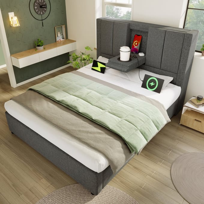 MODFU Bedframe 90x200 cm – Linnen met verborgen bekerhouder & laadstation – Hydraulisch – Grijs