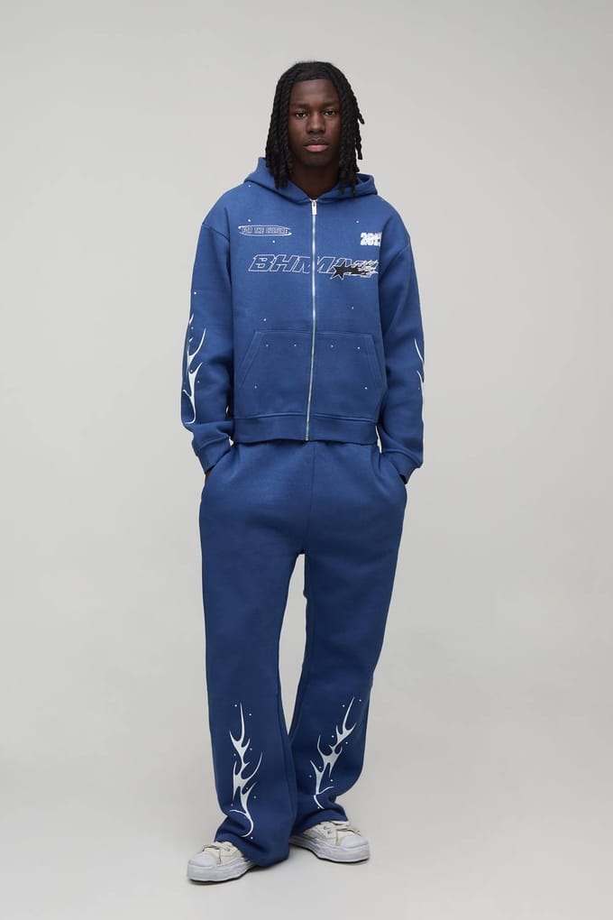 Oversized Boxy Trainingspak Met Strass Steentjes En Moto Ritssluiting | Cobalt | Size Large
