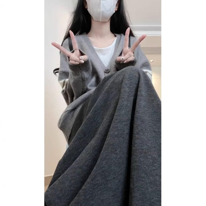 Jupe en Riz Gluant Gris Foncé Automne Nouvelle Taille Haute Drapé Jupe Moyenne et Longue pour Femme L gray