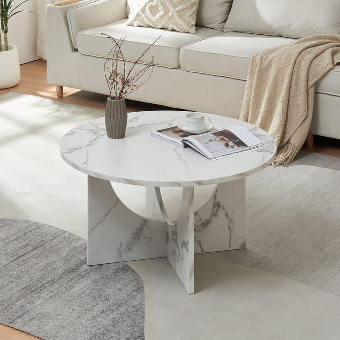 Salontafel Rindal rond marmerlook wit 80x41,5 cm [en.casa]
